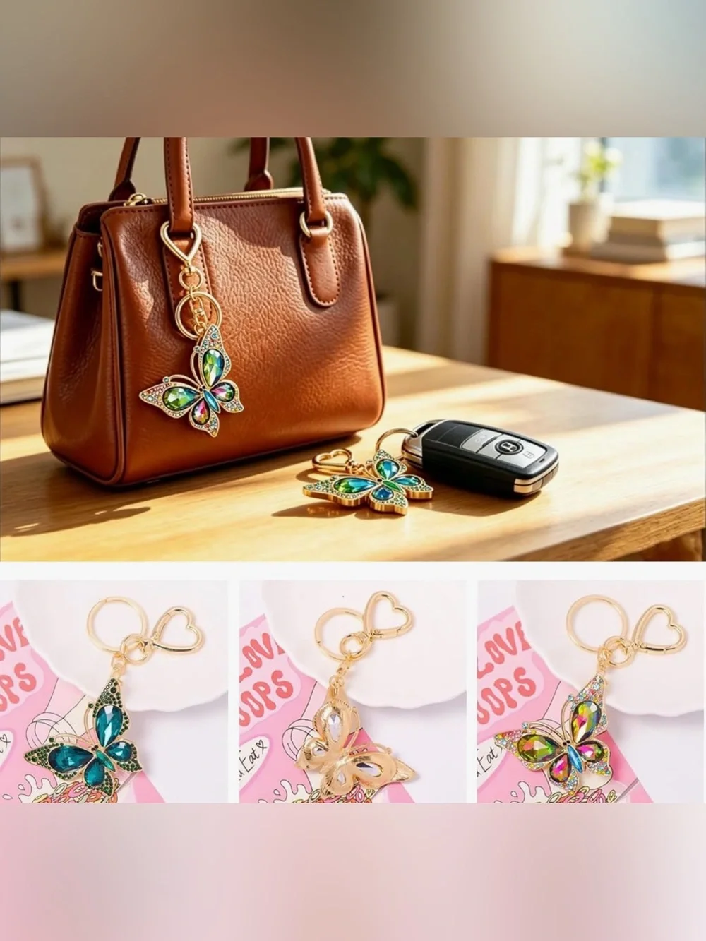 Gold Butterfly Crystal Keychain Bag Charm